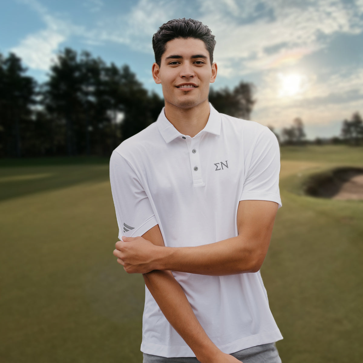New! Sigma Nu White Adidas Golf Polo With Greek Letters