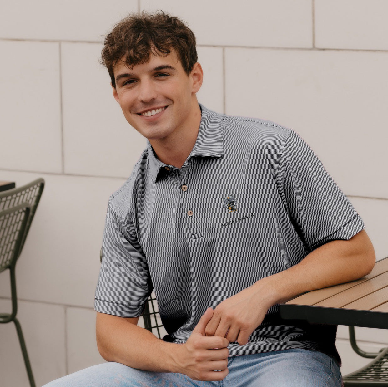 Sigma Nu Personalized Peter Millar Jubilee Stripe Stretch Polo with Crest