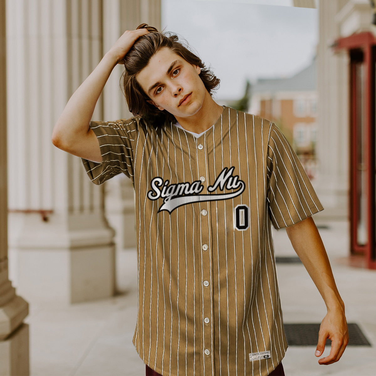 Sigma Nu Pinstripe Baseball Jersey.