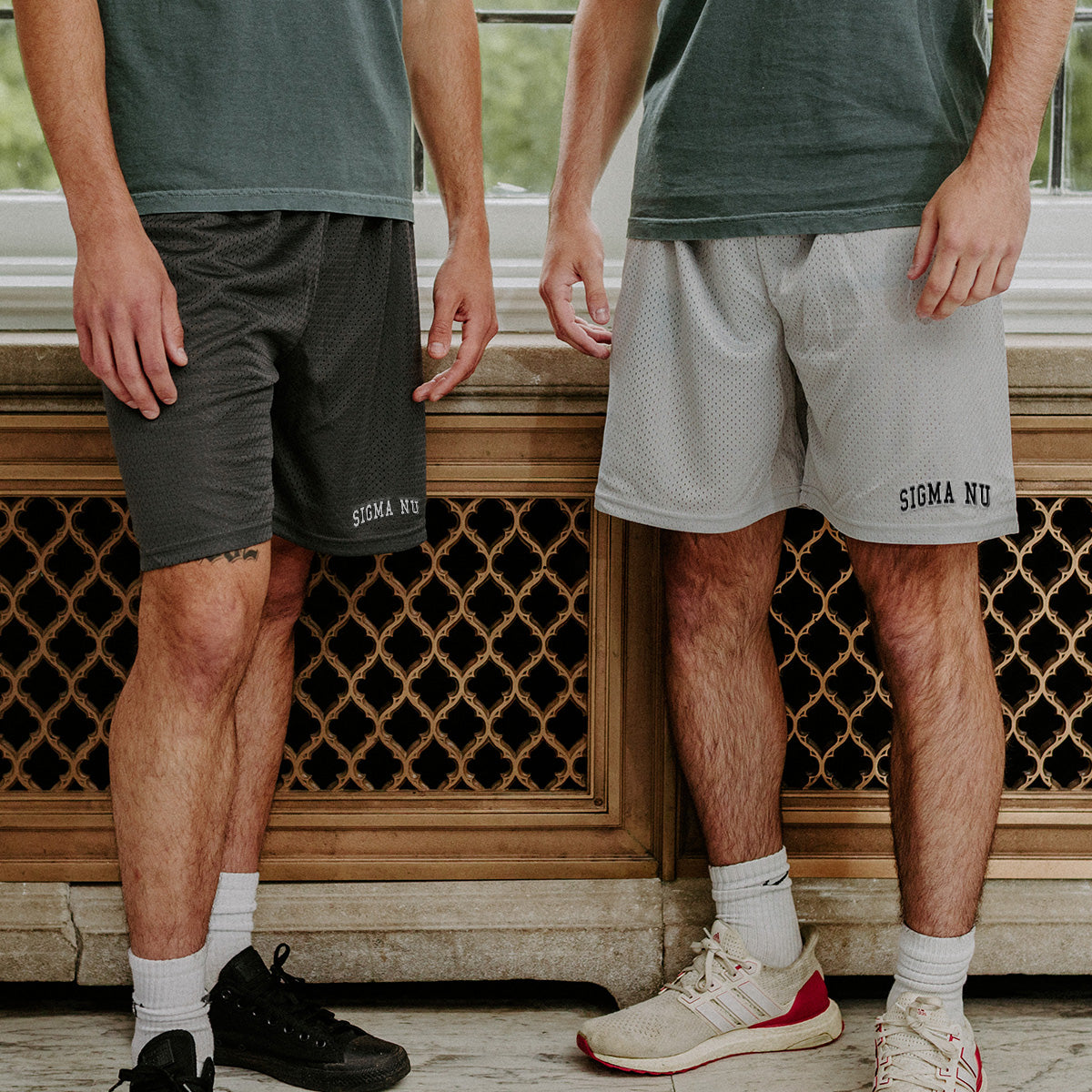 New! Sigma Nu Embroidered Silver 7" Mesh Shorts