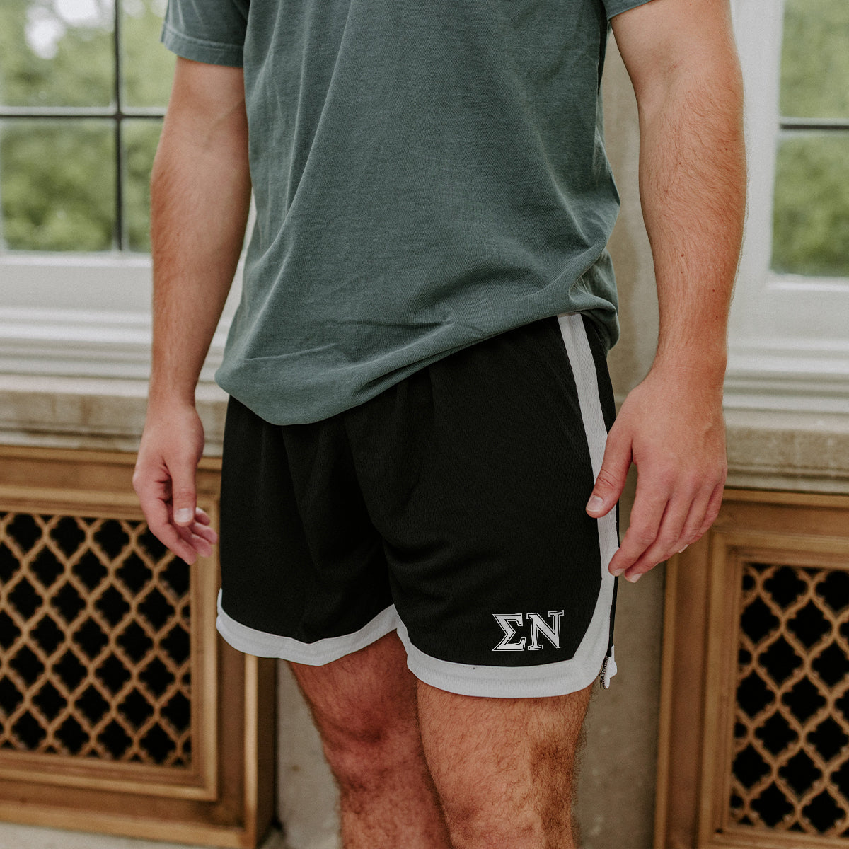Sigma NuFraternity Black 7" Mesh Shorts with Greek letters.