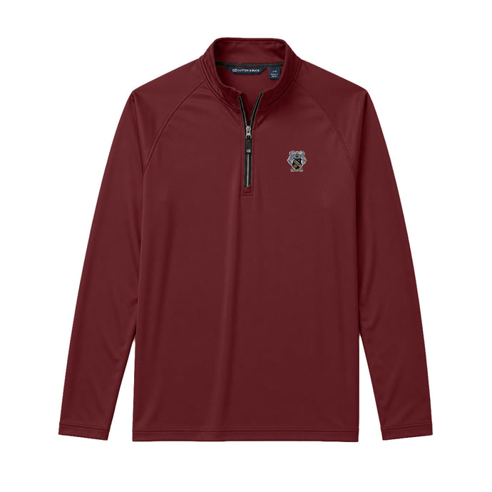 Maroon Cutter + Buck Adapt quarter zip pullover with embroidered crest on the left chest, stand-up collar, and black zipper detailing.