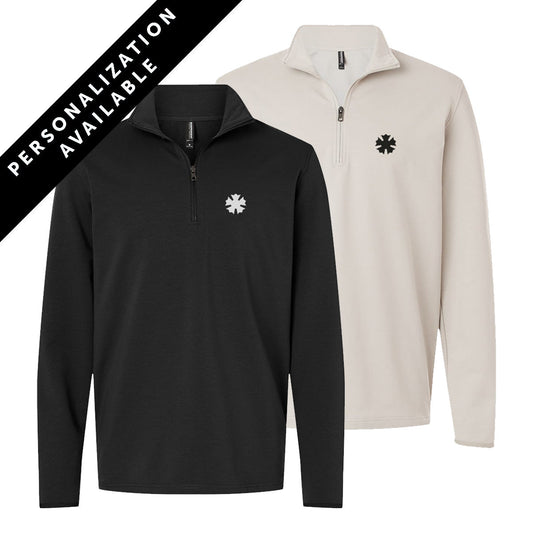 Two Sigma Nu Embroidered Luxe Quarter Zips in black and smoke colors with crest embroidery on the left chest. Banner reads Personalization Available.