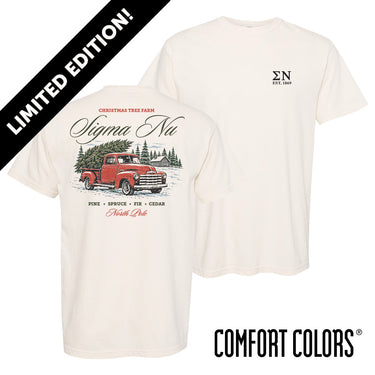 Limited edition Tree Farm Holiday Tee featuring a small fraternity chest design and vintage Christmas tree farm graphic on the back.