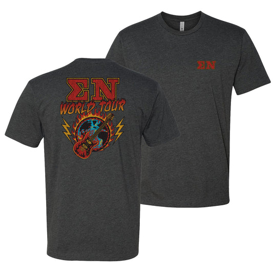 Charcoal t-shirt called the Sigma Nu World Tour tee with vintage rock-inspired design, bold Sigma Nu letters on front, and fiery guitar graphic on back.