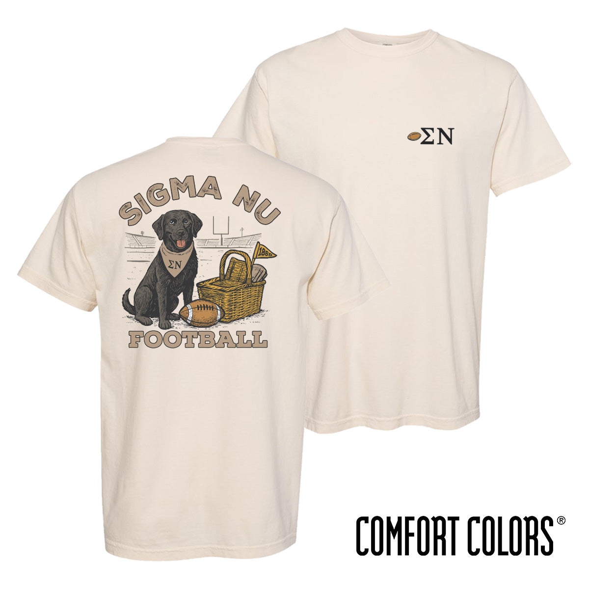 Sigma Nu fraternity t-shirt featuring a black lab in a football stadium