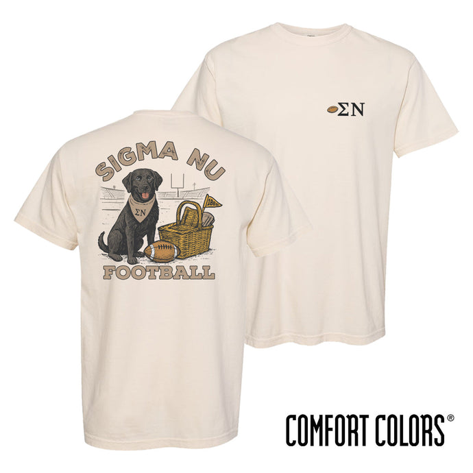 Sigma Nu fraternity t-shirt featuring a black lab in a football stadium