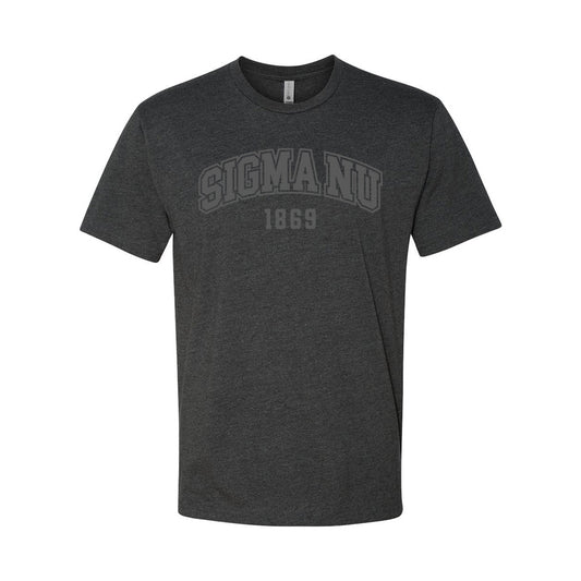 Charcoal heather crew-neck tee with a subtle tonal arched ÒSigma NuÓ print on the chest