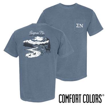 Sigma Nu fraternity t-shirt featuring an outdoor nature scene.