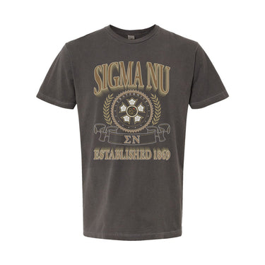 Sigma Nu Collegiate Crest Graphic Tee in charcoal grey featuring bold Sigma Nu lettering, fraternity crest, Greek letters, and established year design.