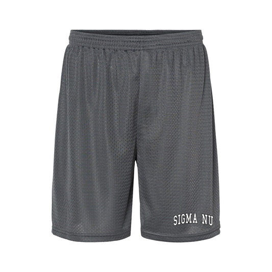 embroidered graphite 7 inch mesh shorts front view