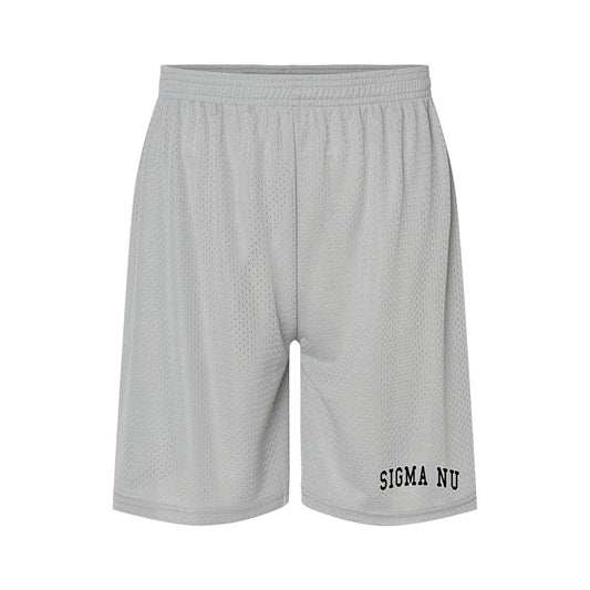 embroidered silver 7 inch mesh shorts front view