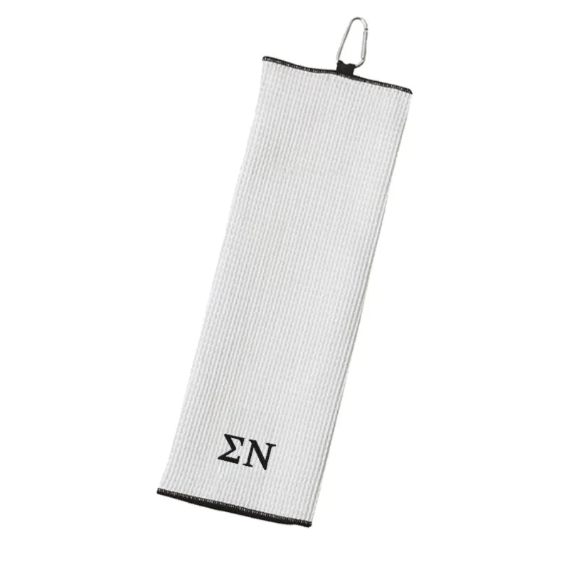 Sigma Nu Pi embroidered golf towel with Greek letters.