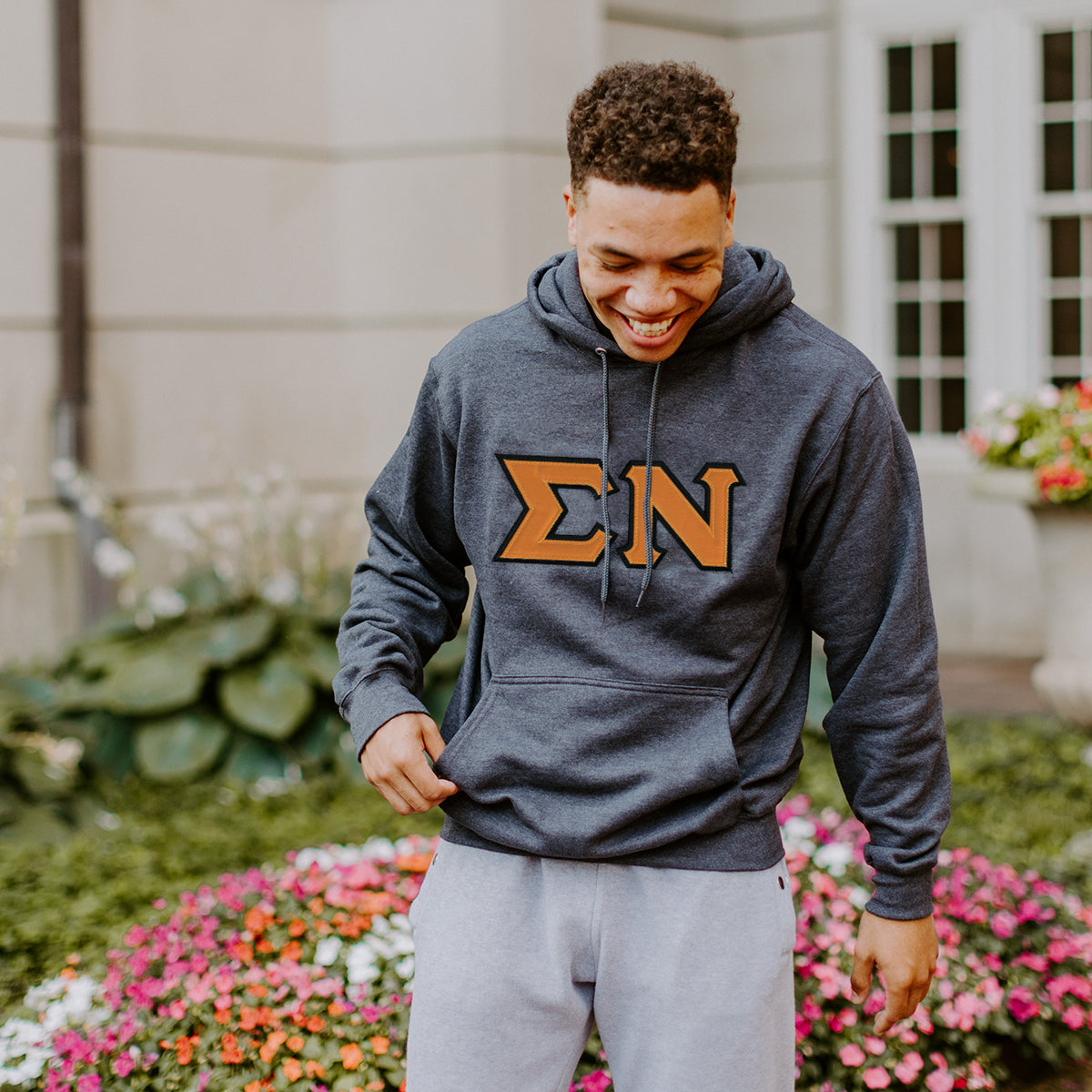 Sigma Nu Dark Heather Hoodie with Sewn On Letters