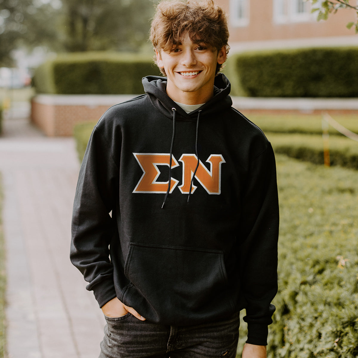 Sigma Nu Black Hoodie with Sewn On Gold Letters