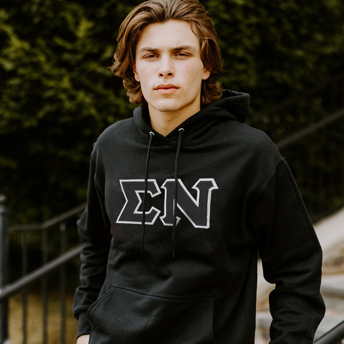 Sigma Nu Black Hoodie with Black Sewn On Letters