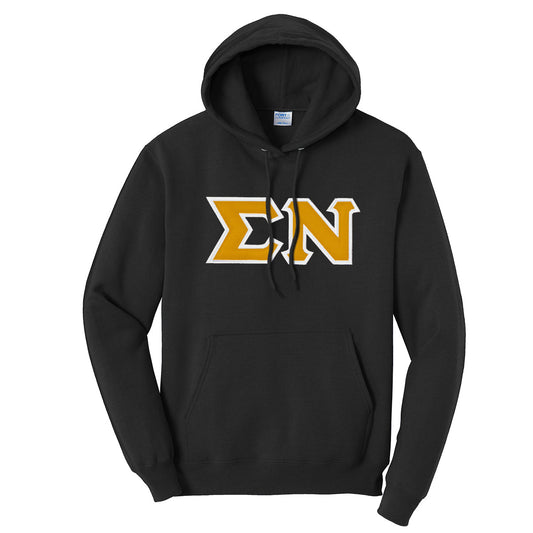 Sigma Nu Black Hoodie with Sewn On Gold Letters