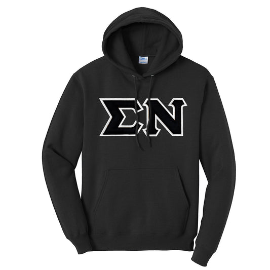 Sigma Nu Black Hoodie with Black Sewn On Letters