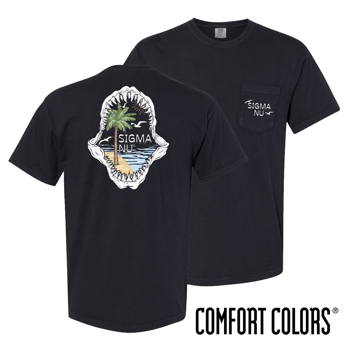 New! Sigma Nu Comfort Colors Shark Bite Black Short Sleeve Pocket Tee