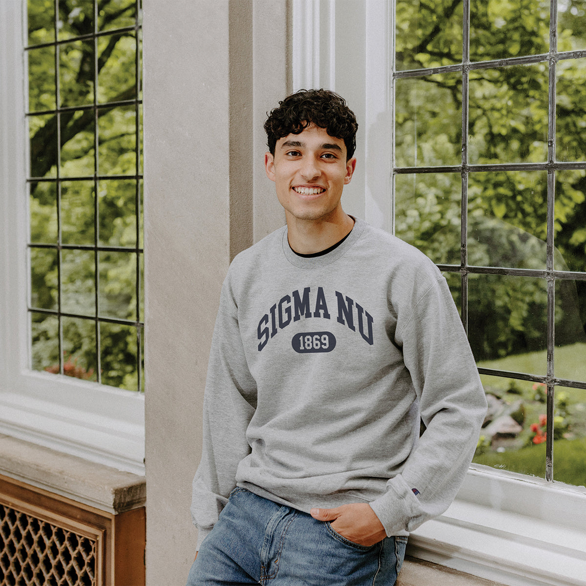 Sigma Nu  gray fraternity Champion Collegiate Crewneck
