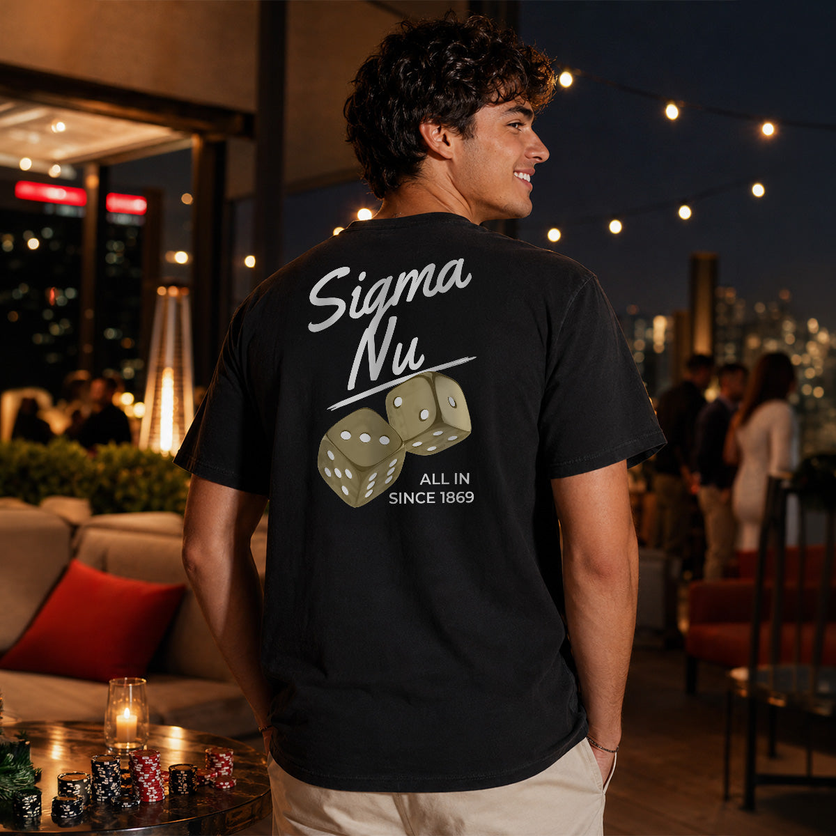 Model wearing the High Roller Tee from the back, featuring a full back dice graphic on a black Comfort Colors tee.