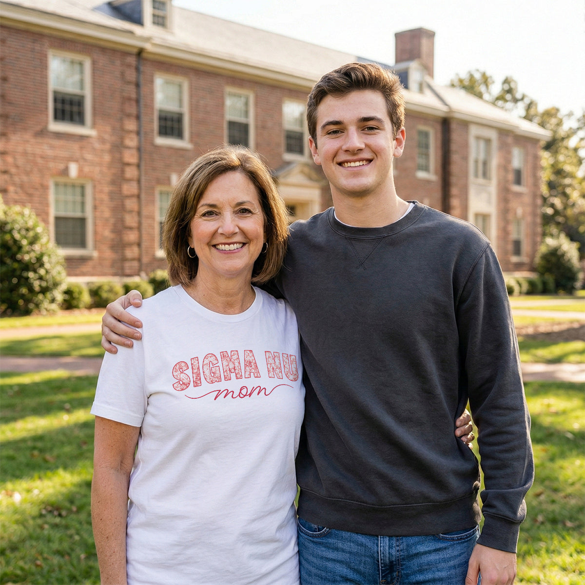 Mom wearing a white t-shirt with a mom graphic tee standing with her fraternity son.