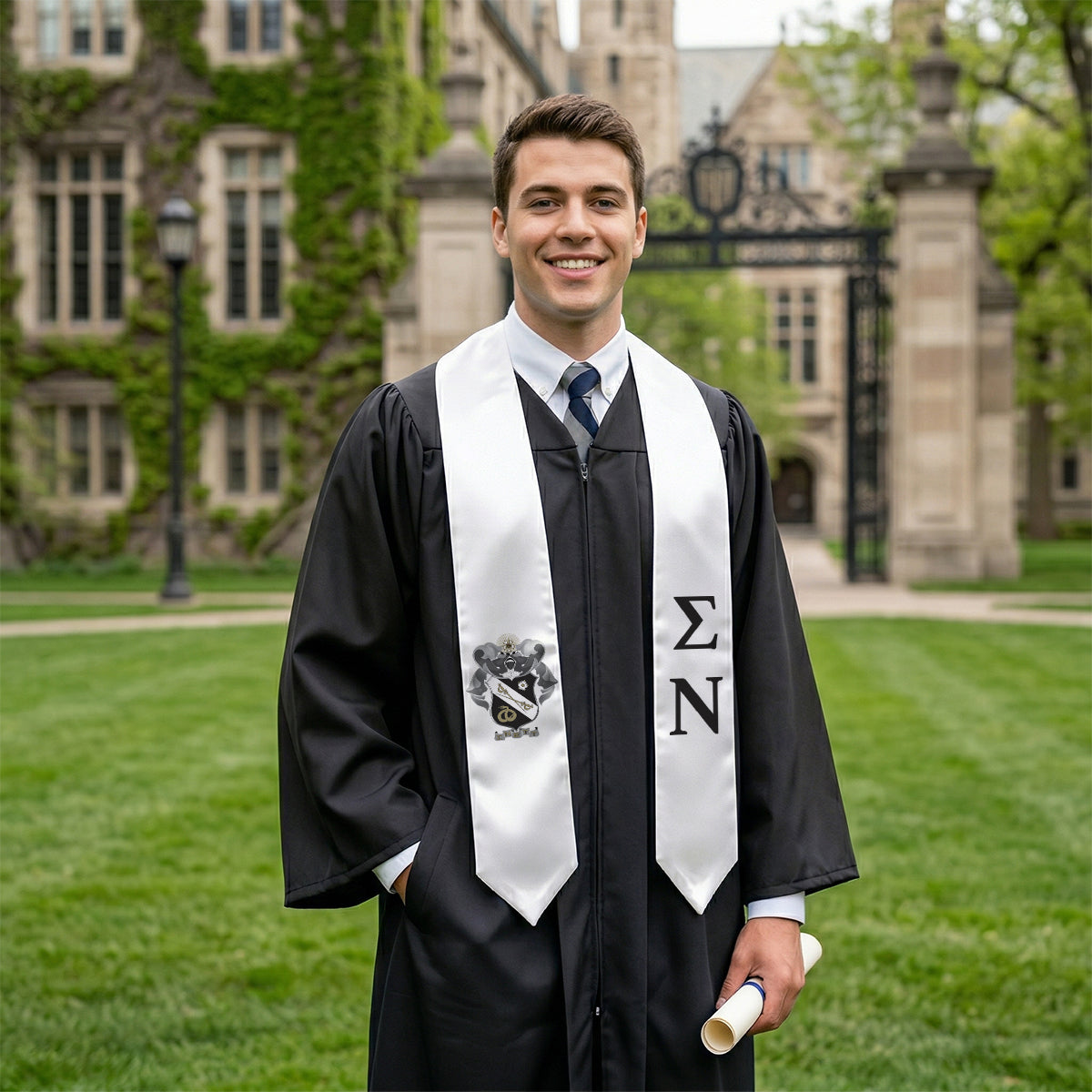 Sigma Nu White Graduation Stole with Coat of Arms