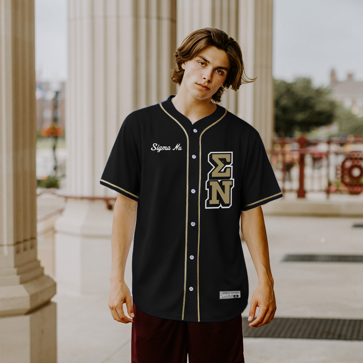 Sigma Nu sublimated fraternity baseball jersey.