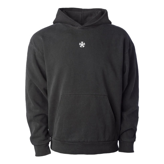 Black heavyweight hoodie with Sigma Nu Greek letters embroidered in white on the center chest.