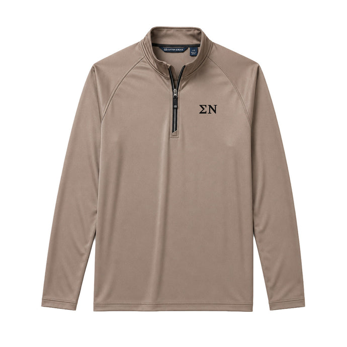 Mushroom Cutter & Buck Adapt quarter-zip pullover with black embroidered Sigma Nu Greek letters on the left chest.