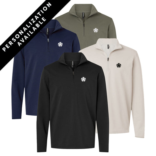 Four Sigma Nu Embroidered Luxe Quarter Zips in black, smoke, navy, and pine colors with Symbol embroidery on the left chest. Banner reads Personalization Available.