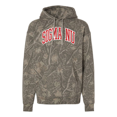 Sigma Nu Deadwood Camo Hoodie featuring an all-over woodland camouflage print, red and white arched Sigma Nu lettering, drawstring hood, and kangaroo pocket.