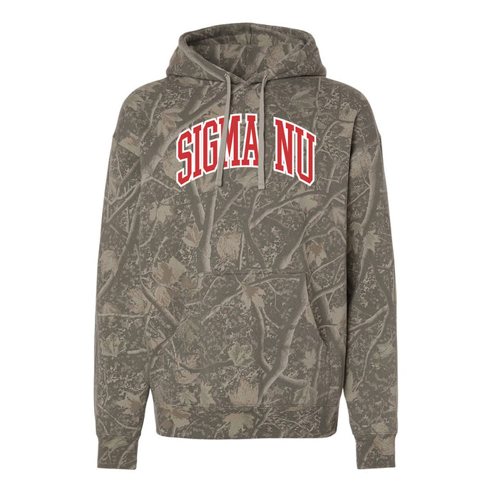 Sigma Nu Deadwood Camo Hoodie featuring an all-over woodland camouflage print, red and white arched Sigma Nu lettering, drawstring hood, and kangaroo pocket.