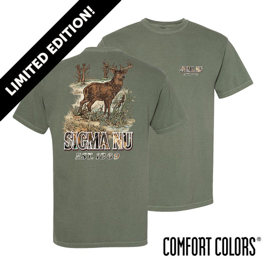 Front and back view of moss green Comfort Colors T-shirt featuring woodland deer back graphic and small chest print.