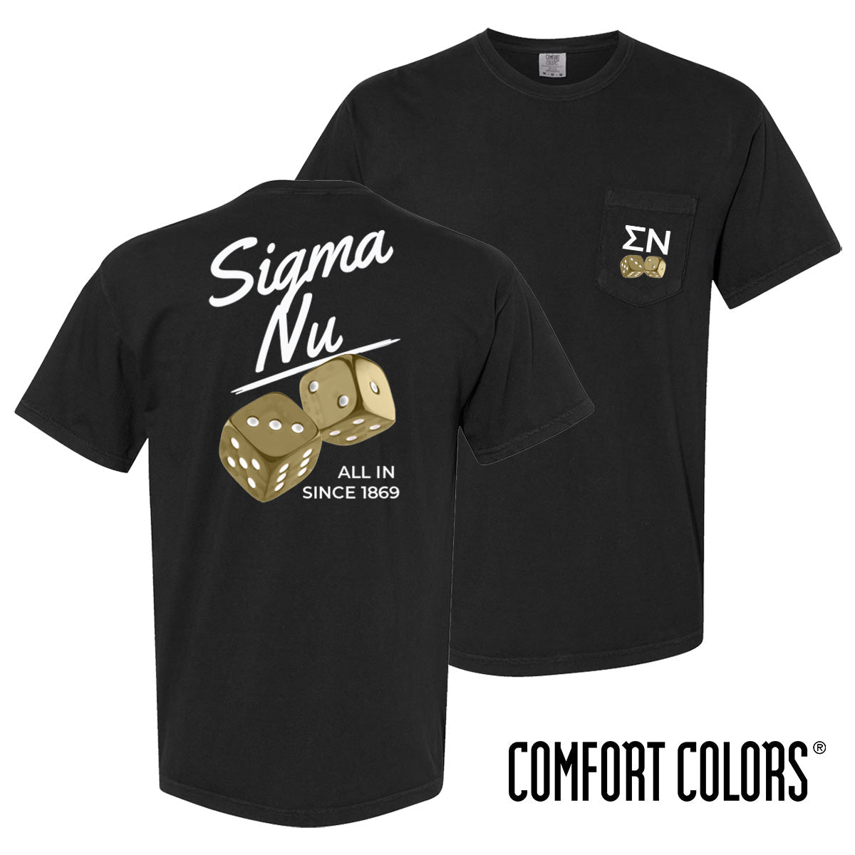 Comfort Colors High Roller Tee shown front and back, featuring a small dice graphic on the chest pocket and a large casino-inspired dice design on the back.