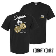 Comfort Colors High Roller Tee shown front and back, featuring a small dice graphic on the chest pocket and a large casino-inspired dice design on the back.