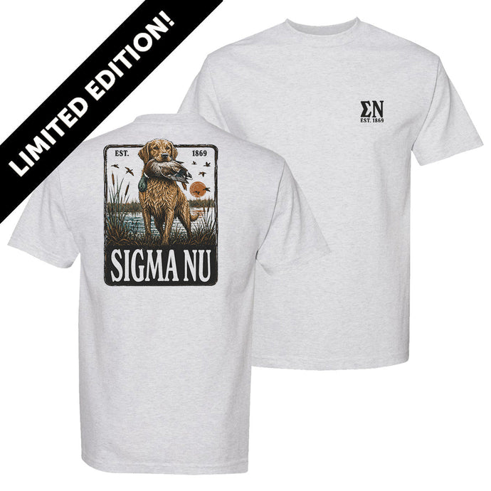 White short-sleeve graphic T-shirt featuring a small left chest print and a large outdoor-inspired illustration on the back.