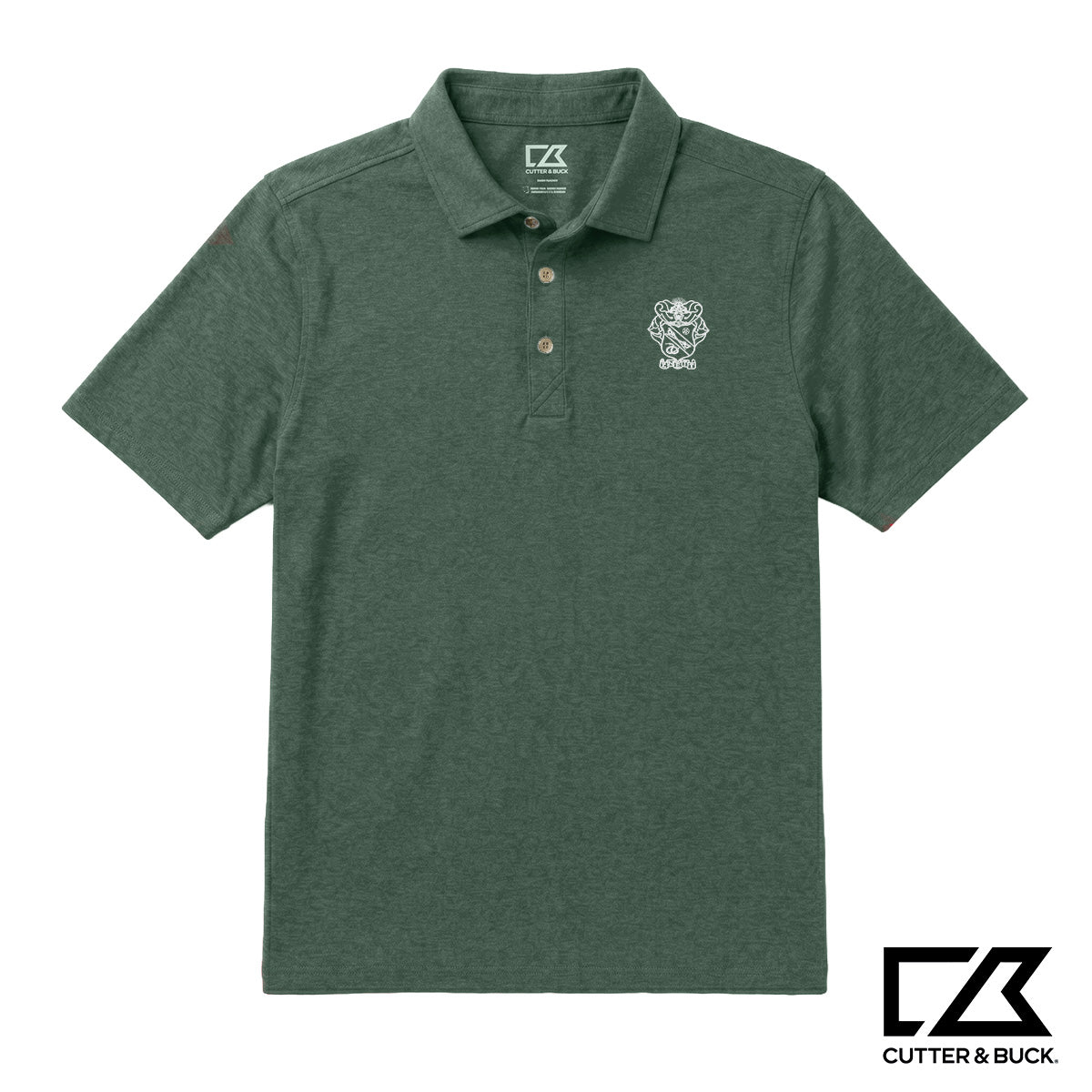 Green heathered Cutter & Buck polo with an embroidered crest on the chest.