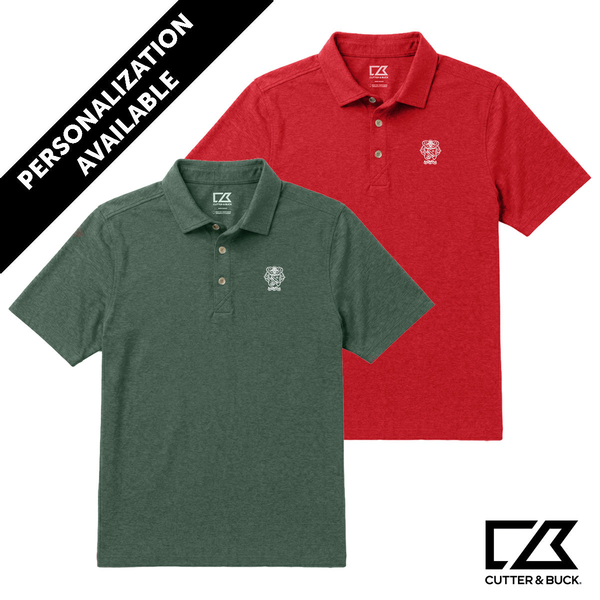 Two heathered Cutter & Buck polo shirts in green and red with embroidered crest detail and personalization available.