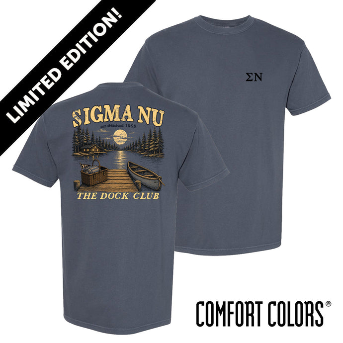 Front and back view of a blue Comfort Colors graphic t-shirt with vintage lake-inspired artwork
