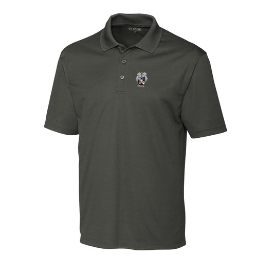 Fraternity polo with coat of arms embroidered on left chest.