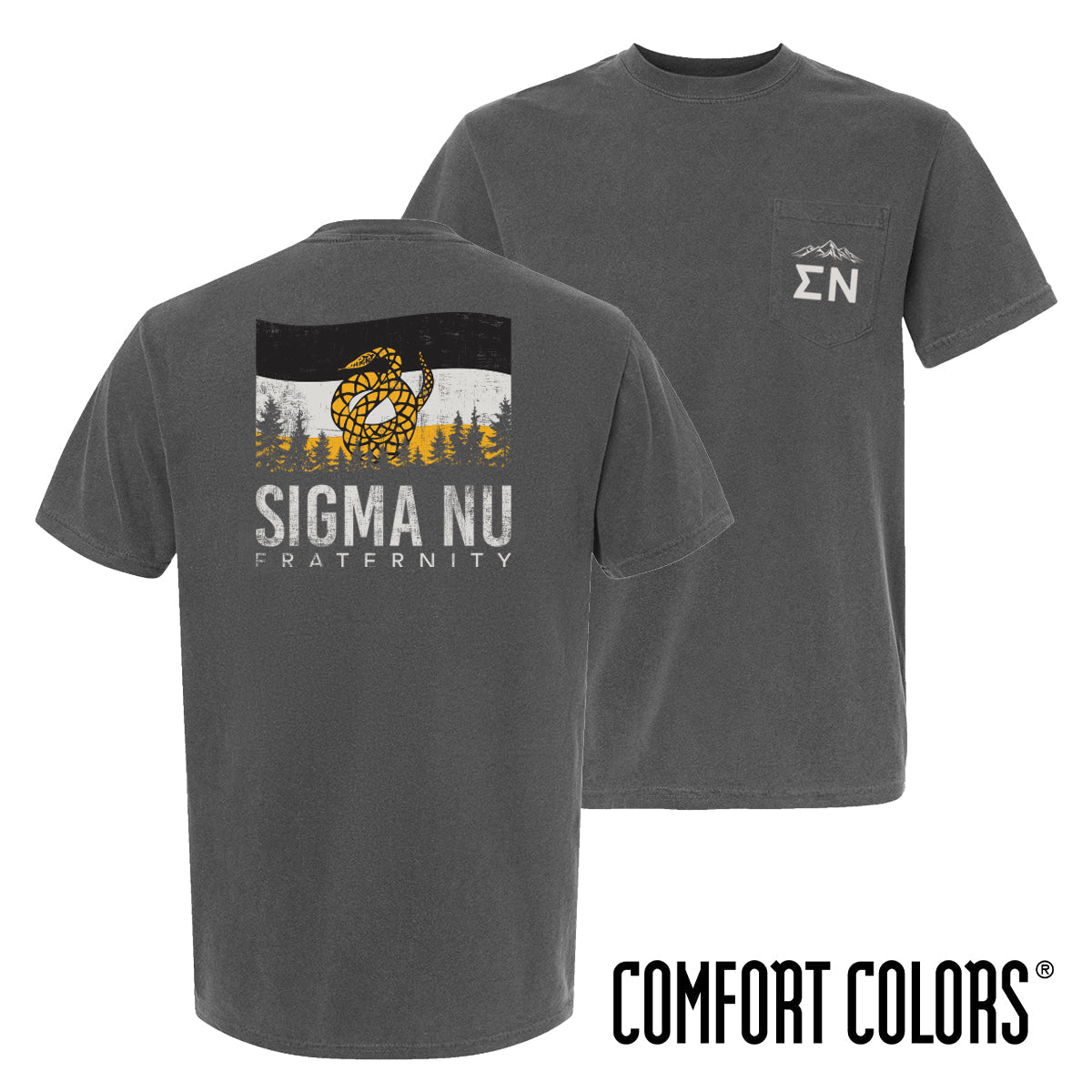 Fraternity grey short sleeve tee with colorful flag design on back and chest pocket log
