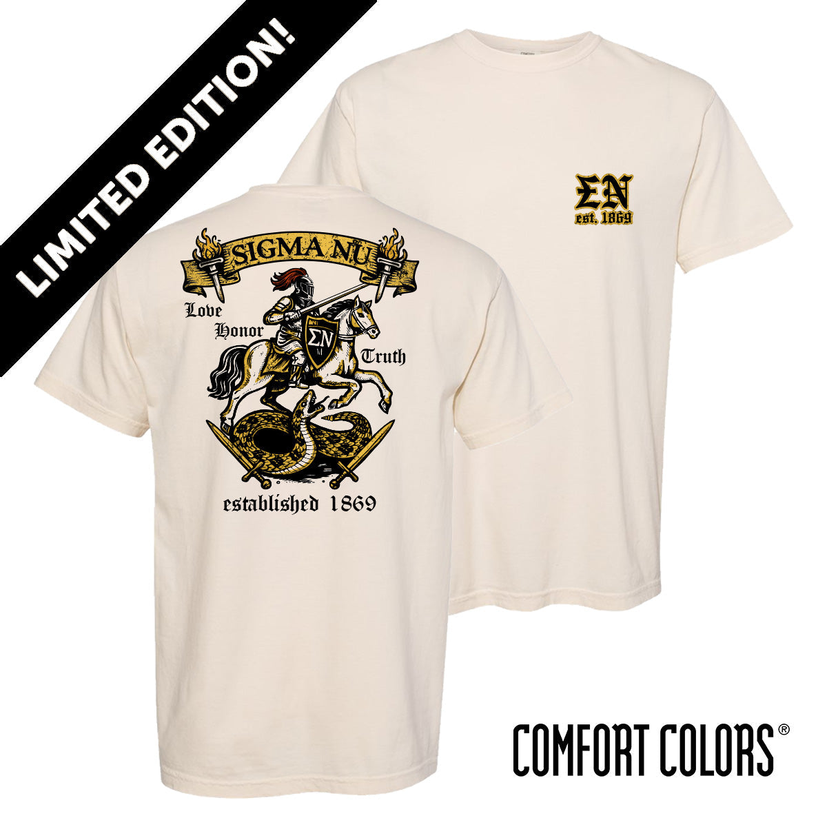 Product image of the Limited Edition Sigma Nu Sword and Serpent Tee on Comfort Colors fabric, featuring the front pocket crest and large detailed back graphic of the Sigma Nu coat of arms with knight, serpent, swords, and founding year.