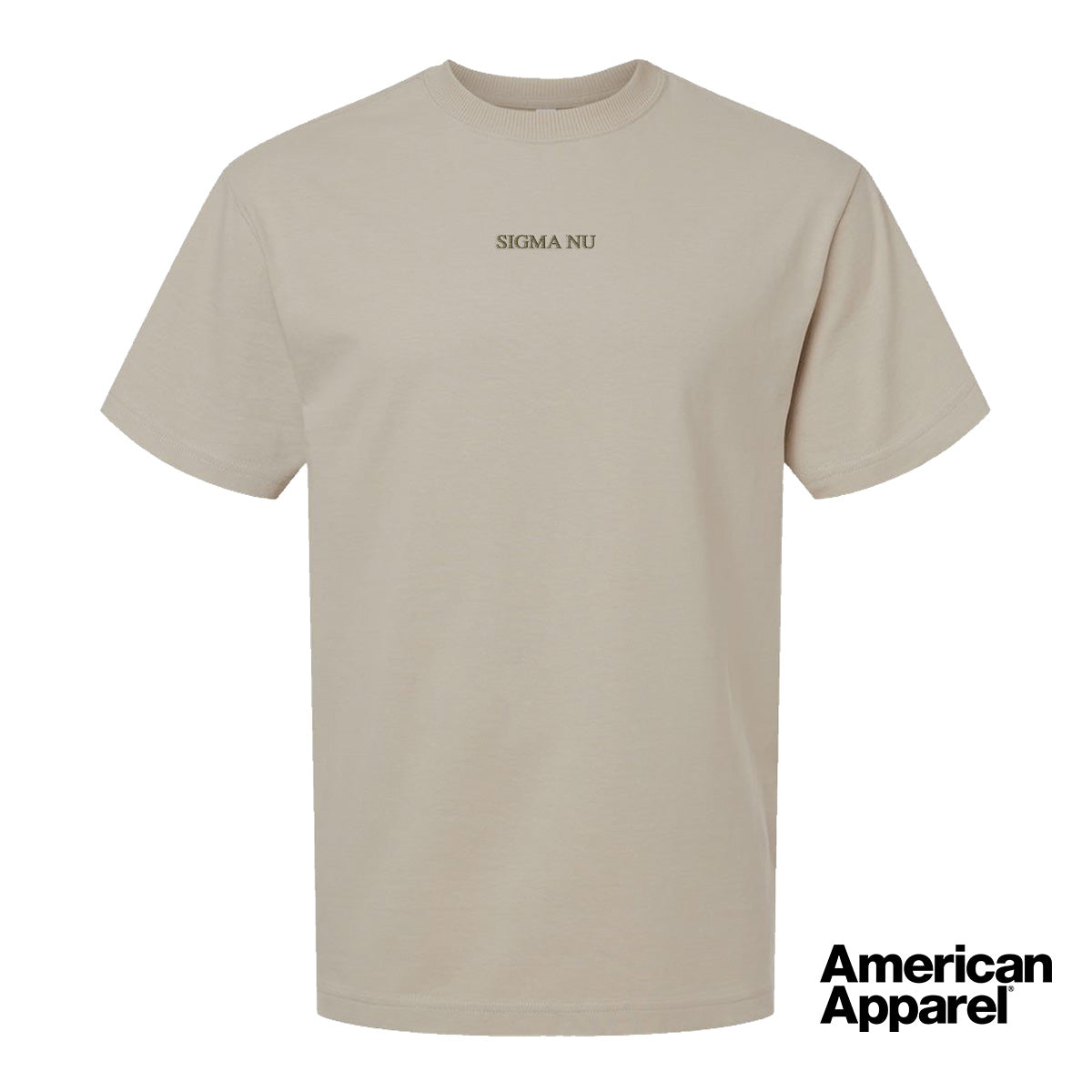 Beige short sleeve crewneck t-shirt with small embroidered text at the center chest on a clean background.
