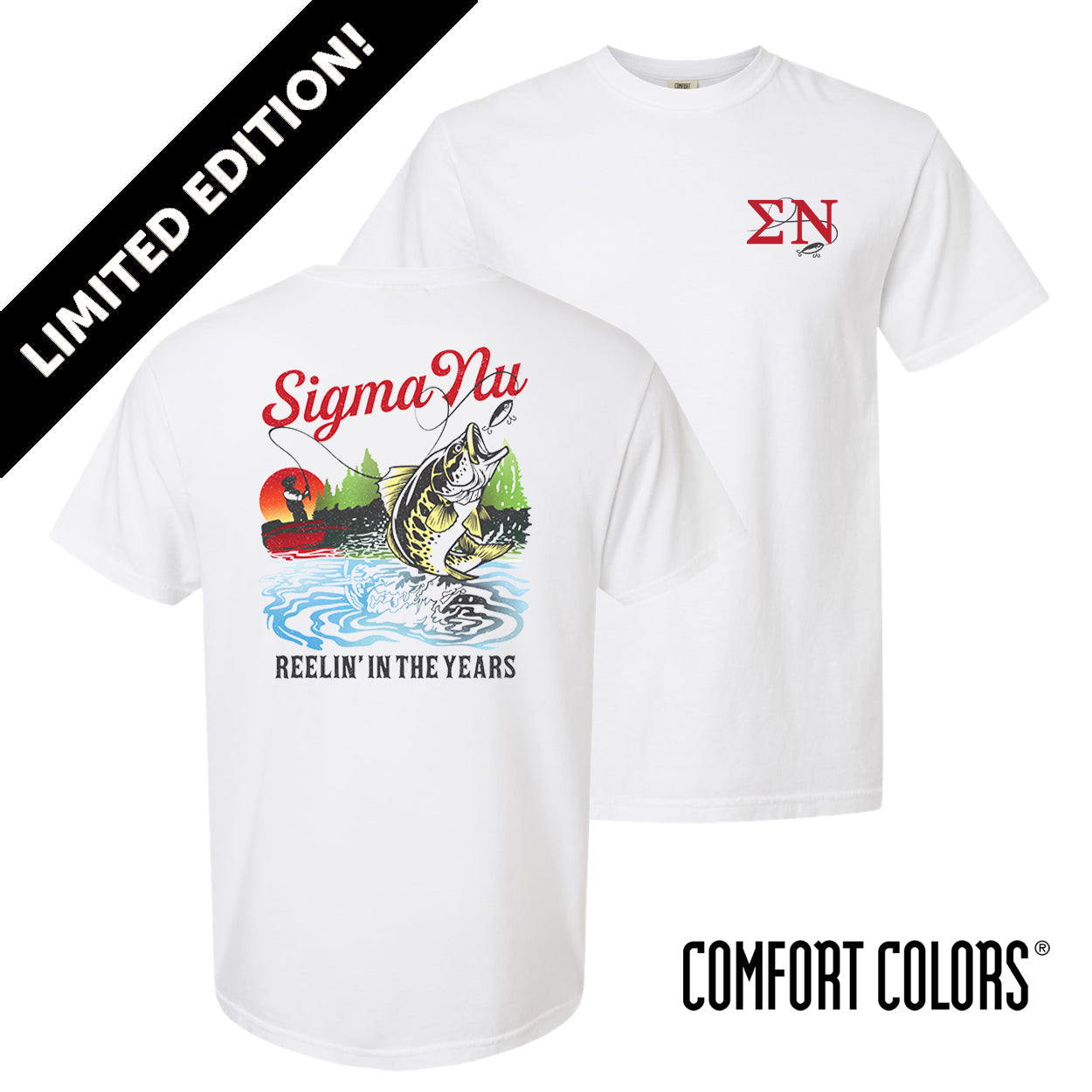 Sigma Nu fraternity merch with a vintage-inspired fish graphic on the back.