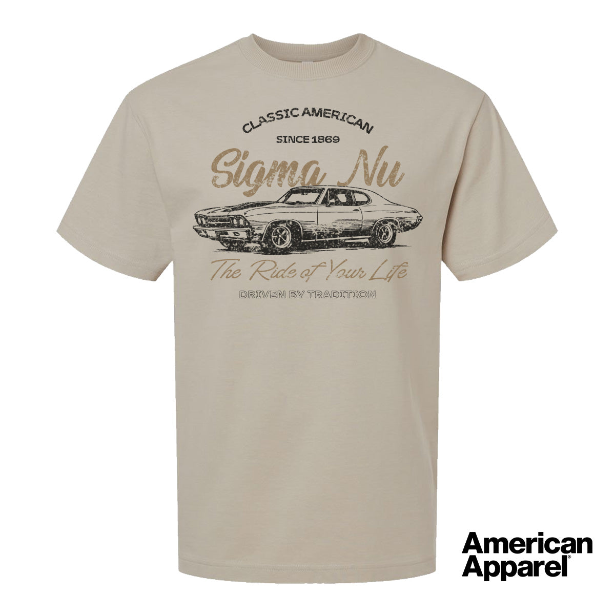 Beige T-shirt displayed on a plain background with a vintage-inspired graphic of a classic muscle car, mixed typography, and a soft red and black print design.