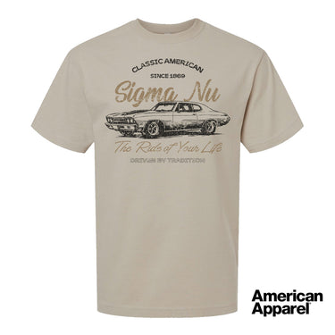 Beige T-shirt displayed on a plain background with a vintage-inspired graphic of a classic muscle car, mixed typography, and a soft red and black print design.