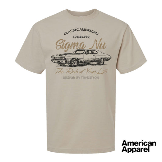 Beige T-shirt displayed on a plain background with a vintage-inspired graphic of a classic muscle car, mixed typography, and a soft red and black print design.