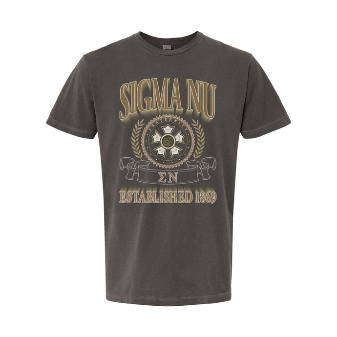 Sigma Nu Collegiate Crest Graphic Tee in charcoal grey featuring bold Sigma Nu lettering, fraternity crest, Greek letters, and established year design.
