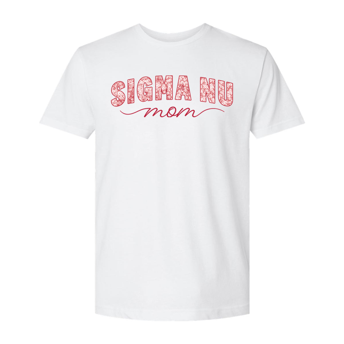 Front view of white t-shirt featuring daisy flower mom graphic.